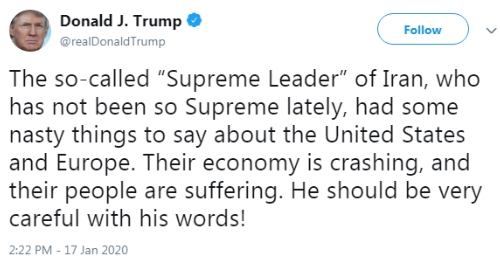 Trump warns Iranian supreme leader to be 'very careful with his words'